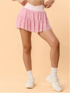 Blogilates Ballerina Skort Pink Gingham Floral Tiered Mini Skirt NWT Size L